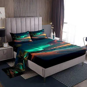 Erosebridal Aurora Bed Sheets Set Queen Size,Coastal Beach Bedding Set for Kids Adults,Ocean Themed Palm Tree Sheets Northern Lights Fitted Sheet Set with 2 Pillowcases Bedroom Decor