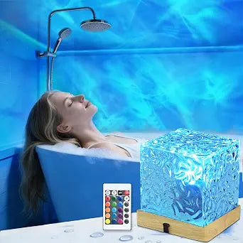 LETOUR Spa Like Shower Lamp,Rechargeable Shower Light 16 Color Changeable Ocean Wave Projector Lamp, Dimmable Waterproof Shower Lamp with Remote, Rotating Cube Water Ripple Lamp for Bath