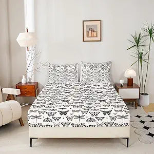 Butterfly Printed Bedding Set Twin Size Dragonfly Bed Set for Girls Teens Bedroom Decor Kids Black White Fitted Sheet Soft Microfiber Beetle Pattern Bed Cover(1 Fitted Sheet+1 Pillow Case)