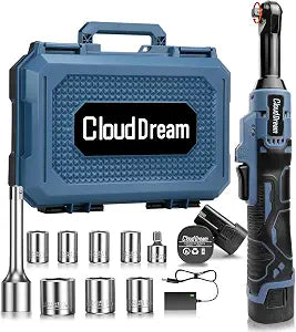 CloudDream Cordless Electric Ratchet Wrench,3/8" 16V Power Ratchet Tool,40 Ft-lbs Max Torque with 2x 2.0 Ah Batteries, Fast Charger, 7 Sockets, 1/4" Adapter & 3" Extension Bar for Auto Repair