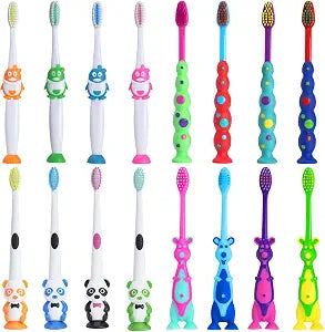 Newday 16 Pack Kids Toothbrush Bulk Soft Bristles Toddler Cute Toothbrush with Suction Cup, Includes Travel Covers, Individually Wrapped Toothbrushes, Animal Design for Children's toothbrushes