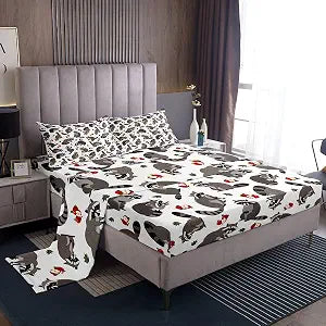 Feelyou Cute Raccoons Bed Set Cartoon Raccoon Bed Sheets for Kids Boys Girls Lovely Fruits Leaves Decor Sheet Set Grey Animal Sheets with 2 Pillowcases 4Pcs Bedding Queen