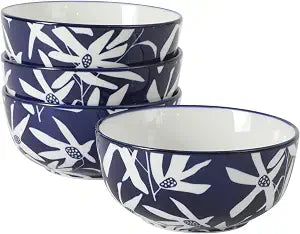 Gibson Home Ivory Estate 4-Piece Cereal Bowl Set, 5.5 Inch Round Stoneware Bowls, Blue & White Floral Pattern, Assorted Decorative Designs