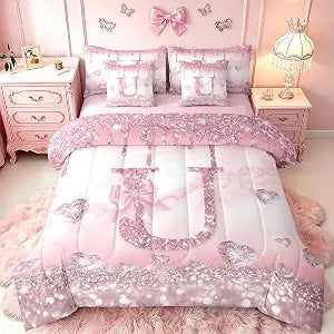 Glitter Initial U Comforter Set 7 Piece Bed In A Bag Twin,Princess Pink Bow Bedding Sets for Kids Teen Girls Coquette Preppy Letter Comforter and Sheets Cute Bowknot for Girls Personalized Bed Set