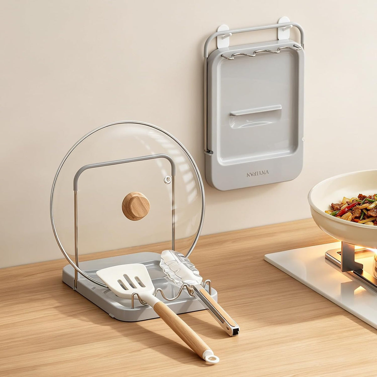 Pot Lid Holder with Wavy Spoon Rest for Kitchen Counter