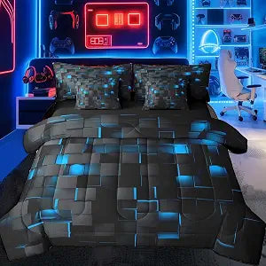 Feelyou Blue and Black Bedding Set Full Size Kids Light Geometric Comforter