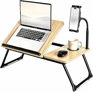 Foldable Lap Desk for Bed and Sofa, Portable Laptop Desk with Gooseneck Phone Stand, Cup Holder & Mouse Pad Extension, Extra Large Bed Desk Tray fits up to 17" Laptops (Natural)