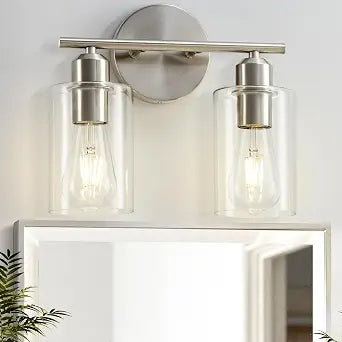 Bathroom Light Fixtures, 2-Light Brushed Nickel Vanity Lights, Modern Bathroom Lighting Fixtures Over Mirror with Clear Glass Shade, Wall Sconce Lighting for Bedroom Living Room