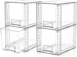 4 Pack Stackable Acrylic Storage Drawers  Clear Plastic Organizer Bins, Easy to Assemble, Suitable for Bathroom, Undersink, Kitchen, Pantry, Makeup, Medicine Organization