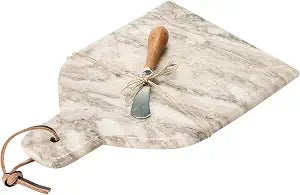 Creative Co-Op Marble Cheese and Cutting Board with Handle, Leather Tie and Canape Knife, Buff, Set of 2