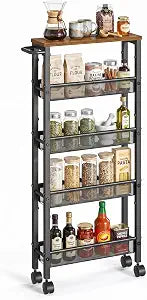 SONGMICS HOME Slim Rolling Cart, 5-Tier Storage Cart with Wheels and Handle, Narrow Utility Cart for Kitchen, Living Room, Brown and Black