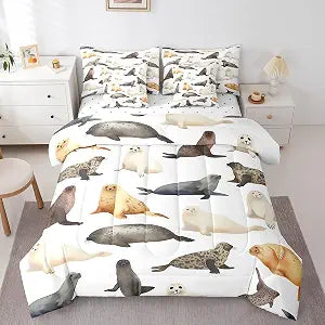 Erosebridal Seal Bed in A Bag Sea Lion Twin Comforter Set with Sheets 7 Piece for Kids Boys Girls,Ocean Animal Bedding Marine Life Bed Set with Comforter Pillow Cases