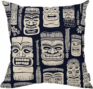 Mugod Aloha Tiki Throw Pillow Cover Vintage Aloha Tiki Seamless Pattern for Your Business Decorative Square Pillow Case for Home Bedroom Living Room Cushion Cover 18x18 Inch