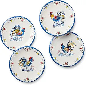 French Rooster Ceramic CANAPE/LUNCHEON PLATES, SET OF 4, 6inch farmhouse plates with cobalt scalloped rims and assorted rooster motifs, perfect for appetizers, snacks, desserts, brunch bites
