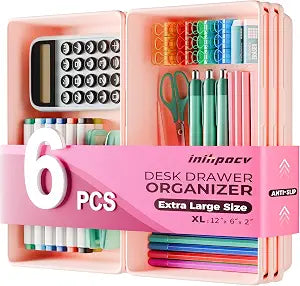 [6 PCS Extra-Large] Pink Drawer Organizer Trays with Non-Slip Pads, Interlocking Storage Bins for Vanity, Desk, Bathroom, Kitchen, Home Office and Utility Drawers