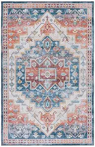 SAFAVIEH Washable Rug Tucson Collection - 2'6" x 4', Blue & Rust, Slip Resistant & Easy to Clean, Ideal for Living Room, Bedroom, Dining Space (TSN116M)