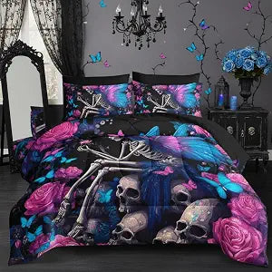 QOOMO Pink Flowers Room Decoration Comforter, Blue Butterfly 7 Piece Kids Bedroom Decor Set, Twin Size with 1 Comforter, 2 Pillowcases, 2 Black Pillowcases, 1 Fitted Sheet, 1 Flat Sheet