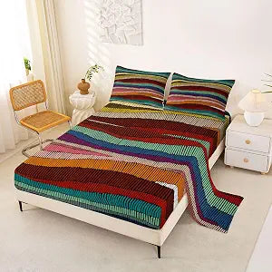 Erosebridal Boho Bed Sheets Set Full Bohemian Wavy Sheet Set Rainbow Embroidered Waves Sheets Geometric Tribal Ethnic Bedroom Decor Colorful Abstract Flat Fitted Sheet for Adult