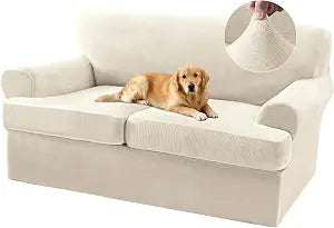 Turquoize Sofa Cover 3 Piece T Cushion Loveseat Covers for 2 Cushion Couch Thick Velvet Couch Cover Stretch Furniture Covers with 2 Individual T Cushion Covers, Washable (2 Cushion Loveseat, Ivory)