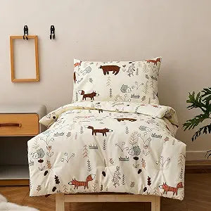 Wellboo Yellow Bear Toddler Bedding Sets for Girls Boys Cute Cartoon 4 Pieces Soft Crib Bed Set Including Comforter, Sheets and Pillowcase Child Fox Theme Woodland Forest Quilt