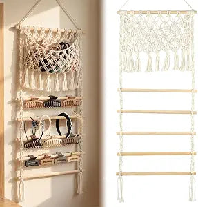 Macrame Hair Claw Clip Organizer, Scrunchies Holder and Hair Ties Organizer with Large Capacity Mesh Bag for Women Girls, Hair Accessorie Hanging Storage for Wall, Door or Closet, Home Decor