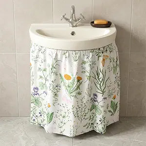 Floral Sink Skirt for Bathroom, 55" L x 32" W Self Adhesive Sink Curtain