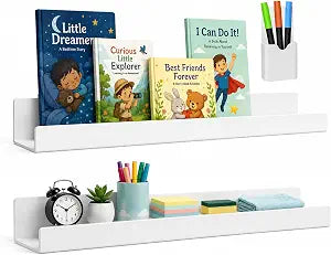 Craftline Co. 2 Pack Magnetic Book Shelf with Pen Holder, White Magnetic Bookshelf for Whiteboard, Wall Mounted Floating Shelf Organizer, Space Saving Storage for Office, Classroom, Bedroom & Home