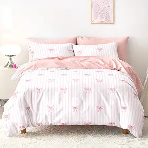 Wake In Cloud - Bow Bedding Set for Girls, Vertical Stripes with Cute Bows, Soft Lightweight Comforter Set with Sheets, 5 Pieces Kids Bed in a Bag, Light Pink, Twin Size