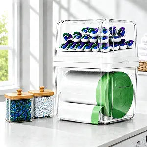 Trash Bag Holder & Dishwasher Pod Dispenser with 2 Bamboo Lid Storage Containers, Clear Acrylic Under Sink Organizer for Garbage Bags, Laundry Detergent Pods & Tabs, Kitchen Pantry Laundry Room