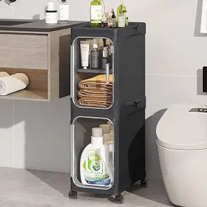 2 Tier Slim Bathroom Storage Cabinet, Foldable and Movable, Black