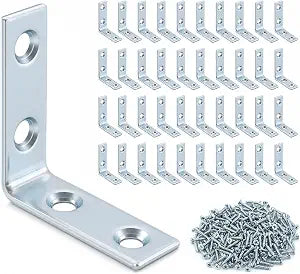 QWORK 40 Pack L Bracket Corner Braces, 1.5 Inch Zinc Plated Steel Right Angle Brackets for Wood Shelves, Cabinets & Chairs, Heavy Duty Metal Joint Fasteners with Screws for DIY Furniture