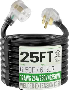 POWGRN 12 AWG 25FT 6-50P/R Welder Extension Cord 25A with LED Indicator ETL