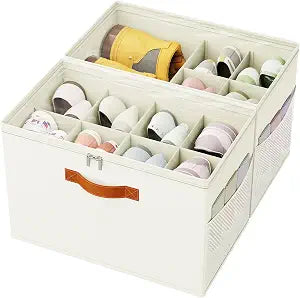 Shoe Organizer for Closet, 2-Pack Foldable Shoe Storage Box with Adjustable Dividers & Clear Cover, Fits 16 Pairs, Beige, Durable and Space-Saving