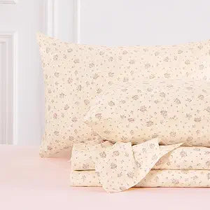 Wake In Cloud - Floral Bed Sheets, 100% Cotton, 4 Pieces Sheet Set, Shabby Chic Coquette Flower Pattern Printed Bedding for Women Teen Girls, Deep Pocket, Beige Pink, Twin Size