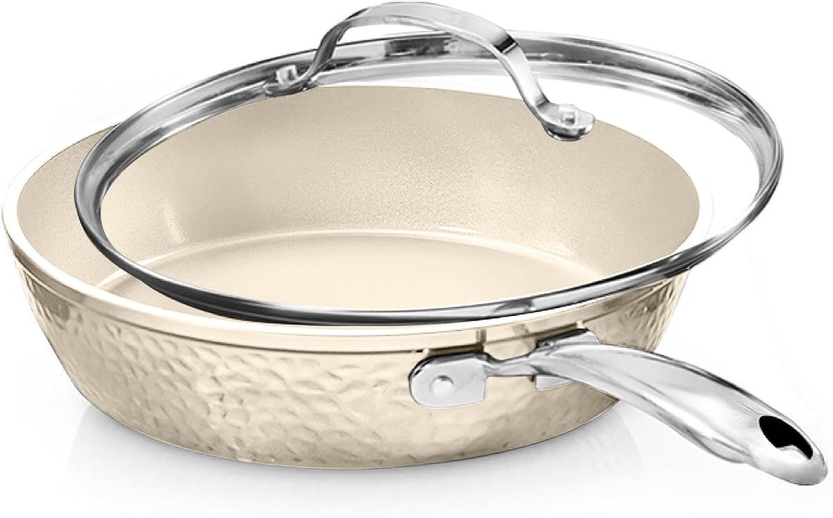 GOTHAM STEEL Hammered 10 Inch Non Stick Frying Pans with Lid, Frying Pans Nonstick with Lid, Non Toxic PFOA PFOS Free, Skillet Pan for Cooking, Induction Oven and Dishwasher Safe - Cream