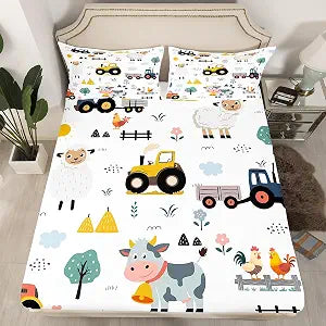 Tractor Cartoon Trucks Bed Sheet Set Twin Size Kids