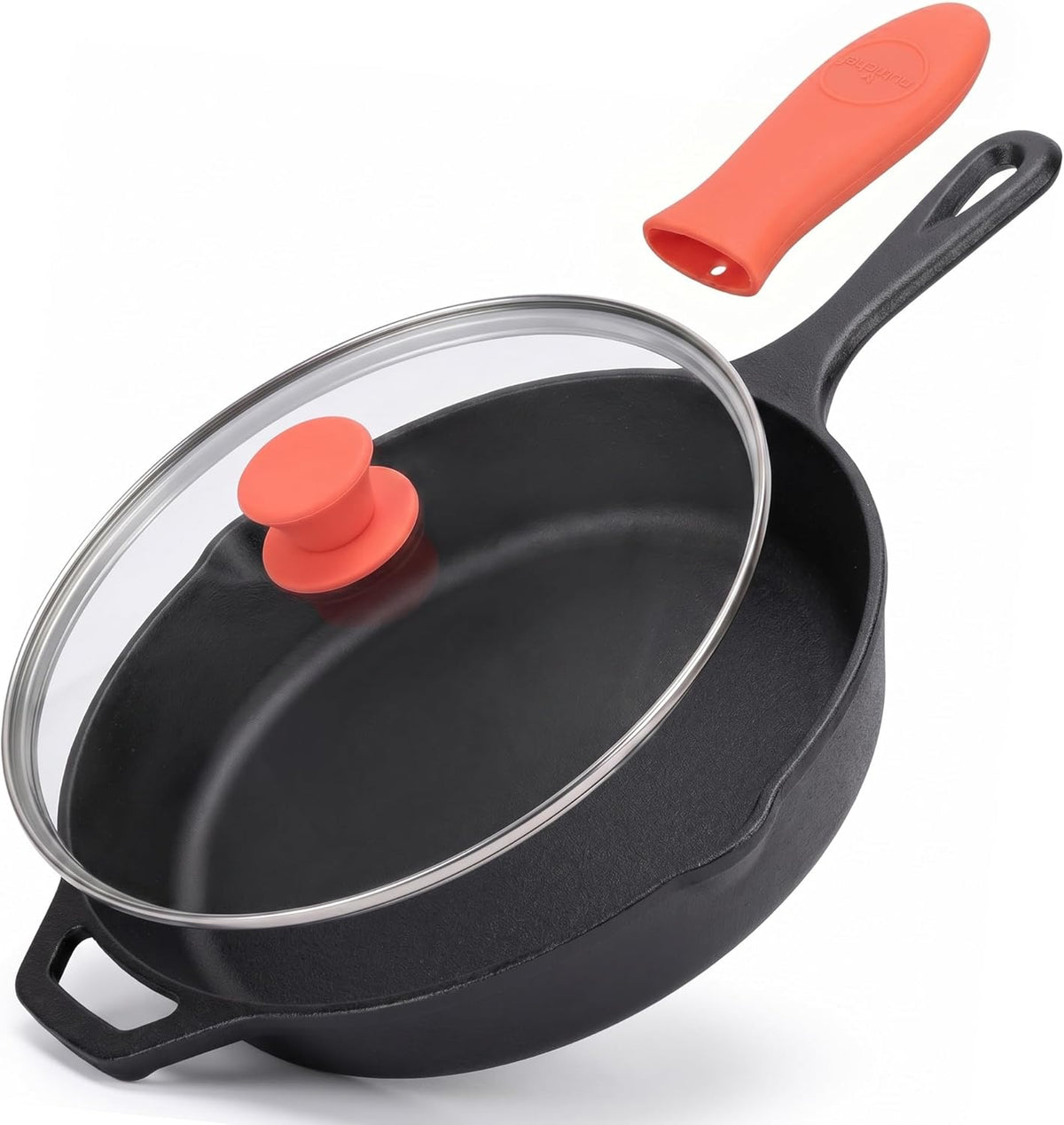 Nutrichef 10 Inch Cast Iron Skillet with Lid - Pre-Seasoned Small Fry Pan with Side Drip Spout and Silicone Handle