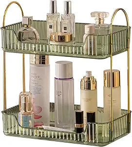 shuang qing Bathroom Counter Organizer Countertop Storage, Cosmetics Skincare Shelf, Makeup Organizer Perfume for Dresser Vanity Tray, Spice Rack for Kitchen(2 Tier-Green)