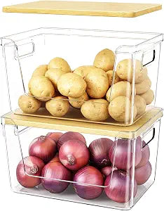 2 Set Pantry Organizer and Stackable Storage Kitchen,Sturdy and Durable Storage Basket for Potato, Onion, Garlic, Fruit, Vegetable, Produce, Clear Plastic Storage with Lid&Handle