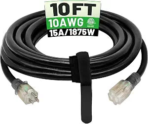 POWGRN 10 Ft 10AWG Outdoor Extension Cord Waterproof Heavy Duty, Black