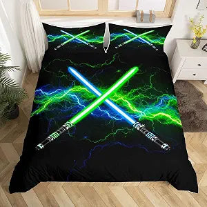 Red Blue Light Up Sword Duvet Cover Set Twin Size,Neon Glowing Lightning Bedding Set 2Pcs,Video Games Theme Comforter Cover for Kids Boys Girls Teens Room Decor,Cool Black Quilt Cover,1 Pillowcase