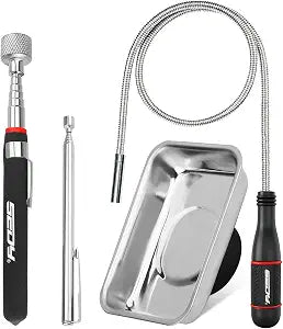 4-Piece Telescoping Magnetic Pickup Tools Set: 31in Portable Magnetic Pickup Stick, 25in Pen-Style Magnetic Pickup Tool with Pocket Clip, 20in Flexible Bendable Spring Magnet Stick, Magnet Parts Tray
