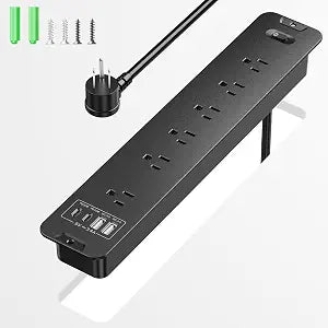 Recessed Surge Protector Power Strip with 6AC + 4USB (2 USB-C PD20W), 1800J, 6FT Extension Cord, Space-Saver Flush Mount for Conference Tables/Desks/Furniture/Kitchen