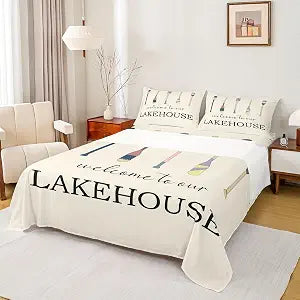 Lake House Life Sheet Set Queen Size Cartoon Boat Paddle Bedding Set 4pcs for Kids Teens Women Men Room Decor Lake Traveling Holiday Bed Sheet Lake Cabin Fitted + Flat Sheet,2 Pillowcases