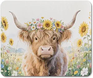 Highland Cow Floral Mouse Pad, Highland Cow Gifts for Women, Cottagecore Flower Western Cattle Mouse Pads Mousepad for Home Office Dorm Desk Computers Laptop Accessories, 9.5x7.9 in