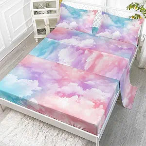 Pink Blue Cloud Sky Sheets Set 4Pcs for Kids,White Cloud 3D Printed Sheet Set with 1 Flat Sheet and 1 Fitted Sheet + 2 Pillowcases(Cloud Twin)