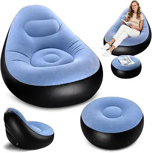 Inflatable Lounge Chair for Adults, Portable Folding Inflatable Blow Up Couch with Foot Stool, Lazy Flocking Recliner Chair Air Sofa for Indoor Outdoor Travel Camping (No Pump)