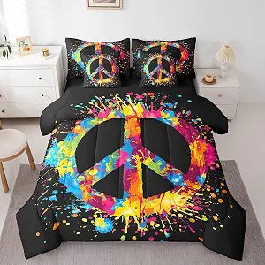 Erosebridal Peace Symbol Bed in A Bag with Sheets Full 7 Piece Peace Sign Comforter Set Rainbow Tie Dye Bedding Set for Kids Adults Reversible Hippie Style Bed Set with Comforter