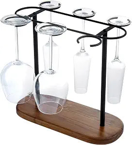 MyGift 6 Glass Solid Acacia Wood and Matte Black Metal Wire Countertop Wine Glass Holder  Industrial Stemware Hanger Rack for Bar or Kitchen Display