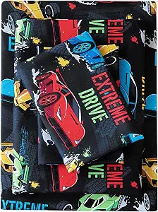 MCO Twin Sheets Set Kids, Soft Microfiber Bed Sheet Set for Boy Girls, Oeko-TEX, 16" Deep, Won't Pop Off, Breathable & Machine Washable, 3 Pieces Breathable Twin Size Sheets Race car Black
